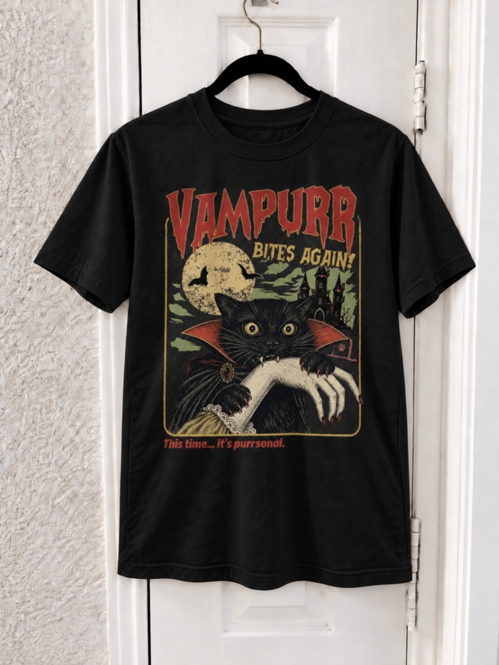 Cat Vampurr Bites Again Halloween Graphic Black T-Shirt